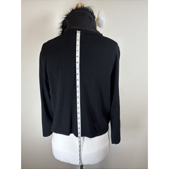 Black Faux Fur Trim Silk Blend Cardigan XL Y2K Mob Wife Witchy Goth Spense - Picture 4 of 16